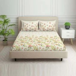 Spaces Flamboyance Cream 100% Cotton 144 TC Double Bedsheet with 2 Pillow Covers-image-46