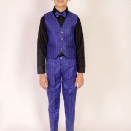 Pro-Ethic Style Developer Kids Dark Blue & White Checks Full Sleeves Shirt, Waistcoat, Pants with Bow-picture-15