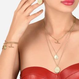 Zaveri Pearls Gold Tone 3 Layers Contemporary Charm Necklace Earring & Bracelet Set-ZPFK12075-31