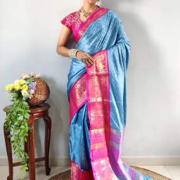 APNISHA Blue & Pink Woven Saree With Unstitched Blouse-picture-11