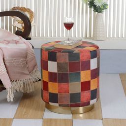 Shadowkart Red & Green Printed Wooden & Velvet Round Pedestal Ottoman-16