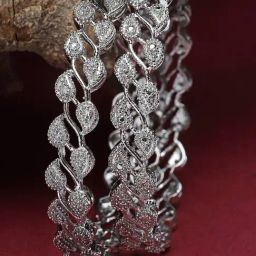 Zeneme Rhodium Plated Silver Toned AD Studded Bangles for Women Set of 2-picture-13