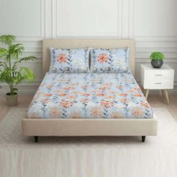 Spaces Savoire Light Blue 100% Cotton 144 TC Double Bedsheet with 2 Pillow Covers-image-34