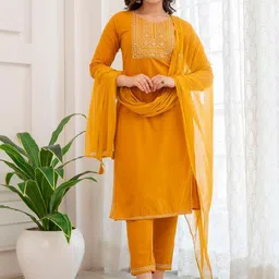 Meeranshi Floral Yoke Design Thread Work Pure Cotton Straight Kurta With Trouser & Dupatta-0