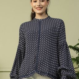 Oxolloxo Women Printed Puff Sleeves Lace Inserts Top-picture-43