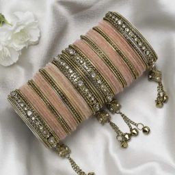 Zeneme Gold Plated Matte Finish Peach Velvet CZ Studded Bangles for Women Set of 56-17