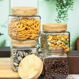 White Gold Transparent & Brown Glass Airtight Canister With Bamboo Lid (0.58 L) - Set of 4-image-39