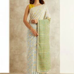 Taneira White Floral Print Saree With Unstitched Blouse-picture-12
