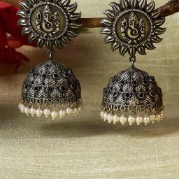 Panash White Silver Plated Oxidized Dome Shaped Jhumki Earrings-image-29