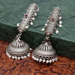 Panash Silver Plated Oxidized Dome Shaped Jhumki Earrings-image-16