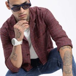 SHOWOFF Maroon Cotton Relaxed Fit Checks Jacket-41