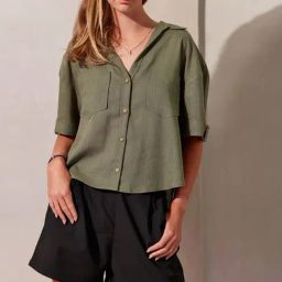 VIRGIO Green Linen Blend Solid Short Sleeves Shirt-image-69