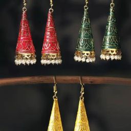 Oomph Jewellery Green Pink & Yellow Meenakari Cone Shaped Delicate Jhumki Earrings - Set of 3-39