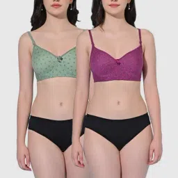 FIMS Purple & Green Floral Print Bra Panty Sets - Pack Of 2-image-96