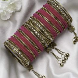 Zeneme Gold Plated Matte Finish Pink Velvet CZ Studded Bangles for Women Set of 56-82