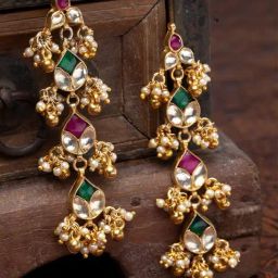 Panash Gold Plated & Green Kundan Handcrafted Classic Dangler Earrings-12