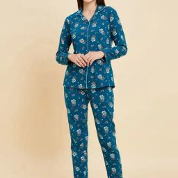 Sweet Dreams Teal Blue Cotton Printed Shirt Pyjama Set-image-59
