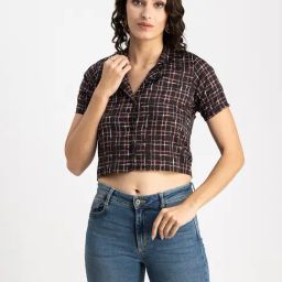 Moomaya Black Checks Cropped Shirt-image-127