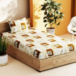 Bianca Sienna Sage Cotton Geometric 144 TC Single Flat Bedsheet with 1 Pillow Cover-image-79