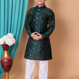 NFC CREATION Boys Ethnic Motifs Embroidered Regular Sequinned Dupion Silk Kurta with Pyjamas image 1