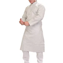 Exotic India Men Pure Cotton Kurta Pajama with Fine Woven Stripes and Embroidery on Neck-picture-50
