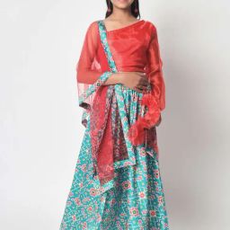 studiorasa Kids Red & Blue Printed Full Sleeves Lehenga Set-1