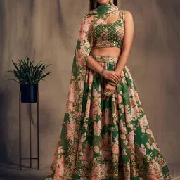 MISS CLOTHING Embroidered Thread Work Kalamkari Organza Ready to Wear Lehenga Choli-picture-23