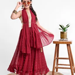 Pine Kids Sleeveless Choli & Sequin Embellished Lehenga Set - Red-picture-15