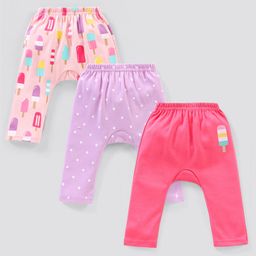 Babyhug Cotton Knit Full Length Striped Diaper Leggings Ice Cream Theme Print Pack of 3 - Pink & Peach-image-42