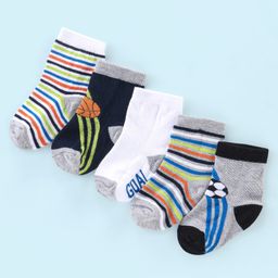 Cute Walk by Babyhug Cotton Knit Anti Bacterial Ankle Length Socks Stripes & Ball Design Pack of 5 - Black Grey & White-image-61