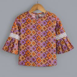 Hugsntugs Full Sleeves Geometric Floral Printed Lace Detailed Top - Orange-image-16