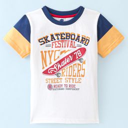Teddy Sinker Cotton Knit Half Sleeves T-Shirt with Stripe & Text Print - White & Golden-picture-12