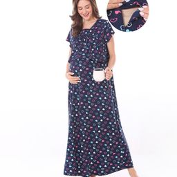 Bella Mama Cotton Knit Half Sleeves Maternity Nursing Nighty with Concealed Zipper Heart Print - Navy Blue-picture-24