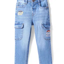 Babyhug Denim Stretchable Washed Full Length Jeans with Cargo Pockets & Text Embroidery- Blue-picture-29
