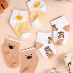 Kicks & Crawl Cotton Pack of 3 Striped & Bear Printed Flat Socks - Beige & Multi Colour-picture-14