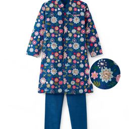 Pine Kids Woven Full Sleeves Kurta Pyjama Set with Floral Sequin Embroidery - Navy Blue-image-72