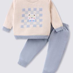 ToffyHouse Cotton  Knitted Full Sleeves Sweater Set With Checks Design & Teddy Patch - Beige & Light Grey-image-8