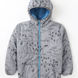 Little Kangaroos Knit Full Sleeves  Mountain Theme Print Padded Hooded Winter Jacket with Kangaroo Pockets -  Grey & Sky Blue-image-58