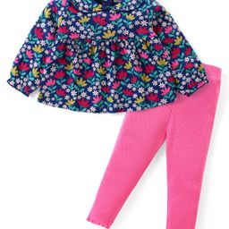 Babyhug Cotton Knit Full Sleeves Peter Pan Collared Floral Printed Top & Leggings Set - Navy & Pink-image-18