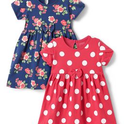 Babyhug Single Jersey Knit Half Sleeves Floral & Polka Dots Printed Frocks with Bow Applique Pack of 2 - Red & Navy Blue-image-93