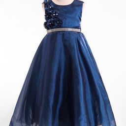 Babyhug Woven Sleeveless Fit and Flare Party GownWith Floral Applique & Rhinestone Detailing - Navy Blue-image-96