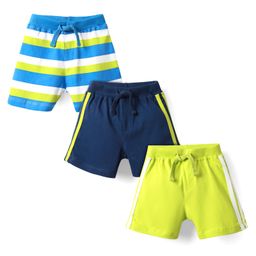 Babyhug Cotton Knit Mid Thigh Length Striped Shorts with Tape Detailing Pack of 3 - Light Green Navy & Light Blue-image-94