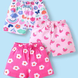 Babyhug Cotton Knit Mid Thigh Length Shorts with Tropical Theme Print & Bow Applique Pack of 3 - Pink & White-image-84