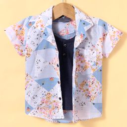 Dapper Dudes Half Sleeves Floral Printed Shirt With Attached Tee - Blue-image-52