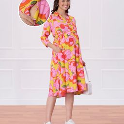 Bella Mama Woven Three Fourth Sleeves Collar Neck Maternity Dress with Floral Print - Pink-picture-46