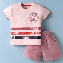 Mini Donuts Cotton Knit Half Sleeves T-Shirt & Shorts Set With Beach Theme Print - Rose Gold & Pink-image-83