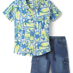 Babyhug Poplin Woven Half Sleeves Shirt & Denim Shorts Set With Beach Theme Print - Blue-image-65