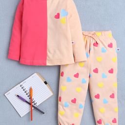BUMZEE Cotton Knit Full Sleeves Hearts Printed Coordinating Tee & Pajama Set - Pink & Peach-image-20