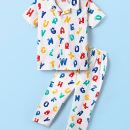 Babyhug Cotton Knit Half Sleeves Co-ords Front Open Night Suit With Alphabet Print - White-image-20