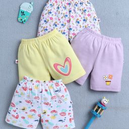 BUMZEE Cotton Knit Above Knee Length Floral & Heart Printed Shorts Pack of 4 - White Yellow & Lavender-image-77